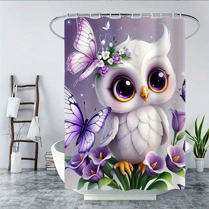 4pcs Owl Design 2D Flat Shower Curtain Set, Charming Bathroom Decor with Non-Slip Mat, Suitable for Various Home Scenarios