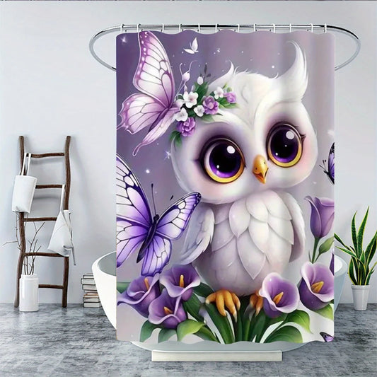 4pcs Owl Design 2D Flat Shower Curtain Set, Charming Bathroom Decor with Non-Slip Mat, Suitable for Various Home Scenarios