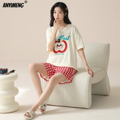 100% Pure Cotton Women Pajamas Summer Cartoon Print Pijamas Girls Nightwear Homewear Short Sleeve Sleepwear O-neck Loungewear