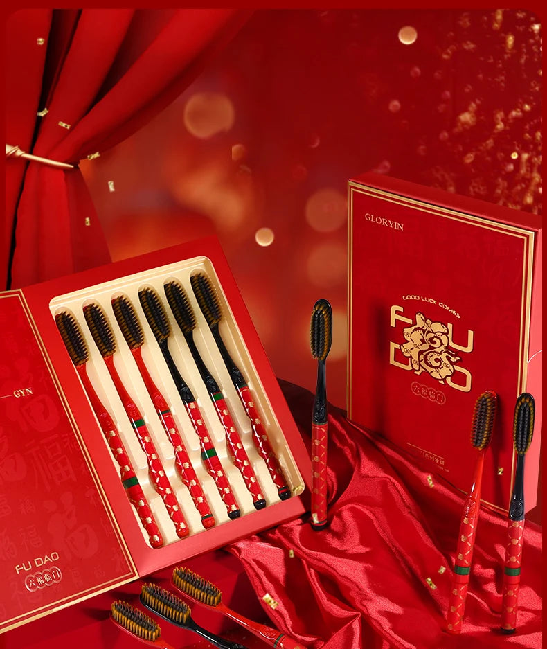 GYN [6-Pcs Gift Box] New Year's Blessing Gift Box Extended Brush Head Efficient Cleaning Lucky and Joyful Soft Hair Toothbrush