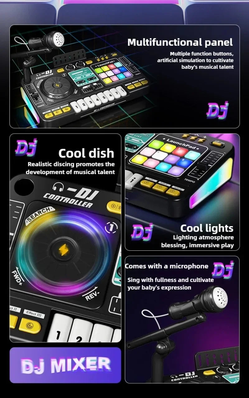 Kids Simulation DJ Mixer Controller Toy Multifunctional Music Effects Electronic Learning Game Birthday Gift for Children Mixers