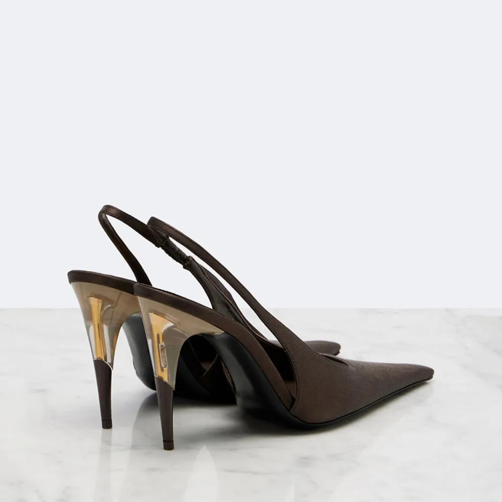 Women Satin Pointed‑Toe Stiletto Pumps with Clear Heel, Elegant Back Strap Dress Heels for Formal Dating Club Occasions