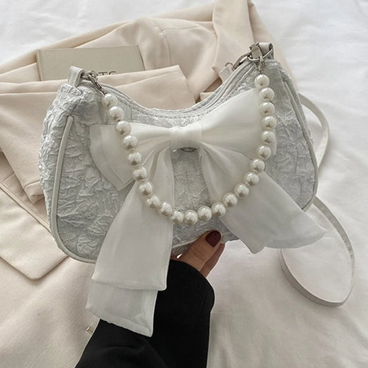 White Folds Pearl Female Bag Retro Luxury Designer Handbag Bow Crossbody Bags Fashion Y2K Vintage Women's Shoulder Bag Purses