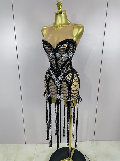 2025 Sparkle Sequins Embroider Diamonds Sleeveless Long Tassel Mini Dress Women Celebrate Evening Birthday Dress Stage Costume
