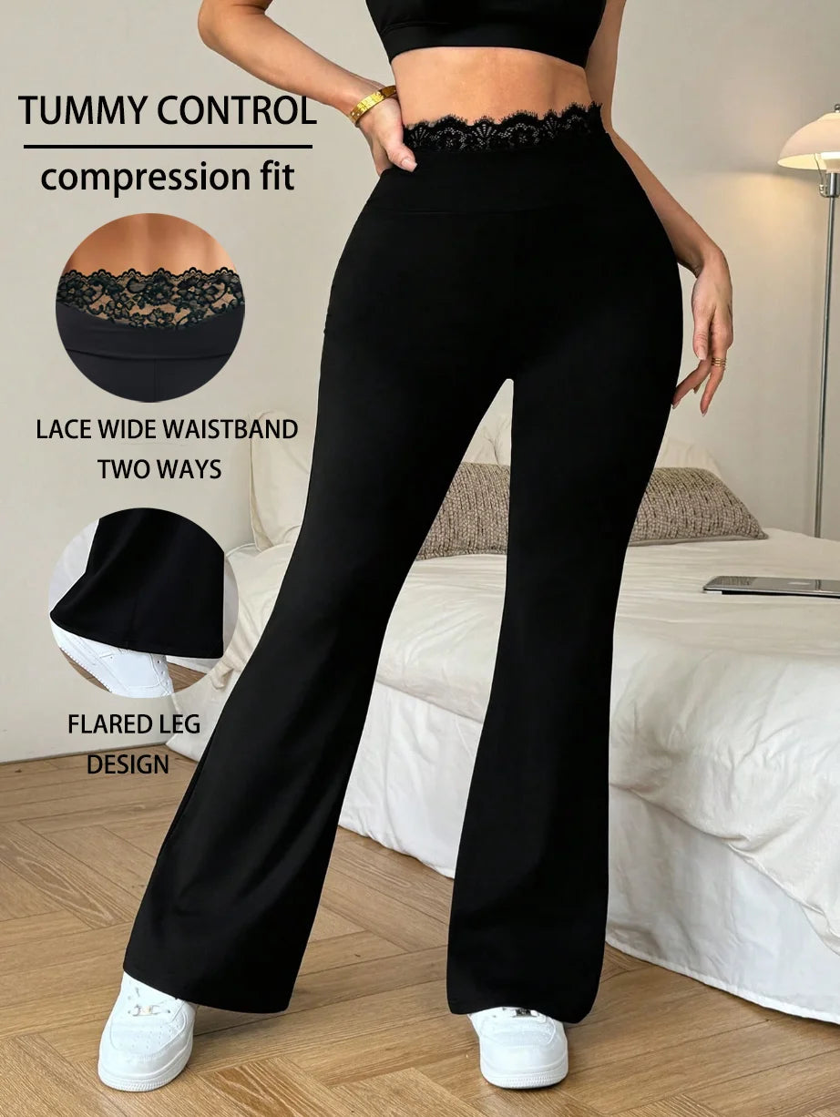Ladies' lace flared trousers with wide waist design are intellectual, elegant, simple, fashionable, casual and versatile.