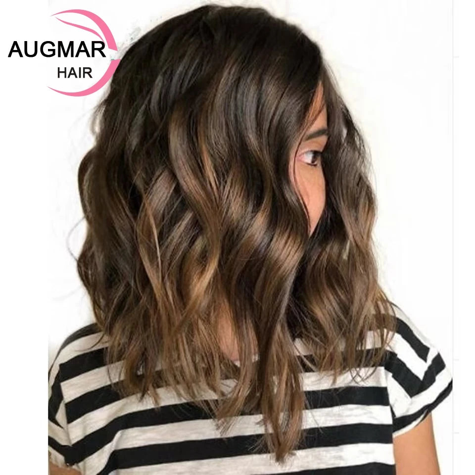 Short Wavy Blonde Highlight Wig Human Hair Wigs Ombre 13x4 Brown Lace Front Wig Brazilian Full Lace Wig 13x6 HD Lace Frontal Wig