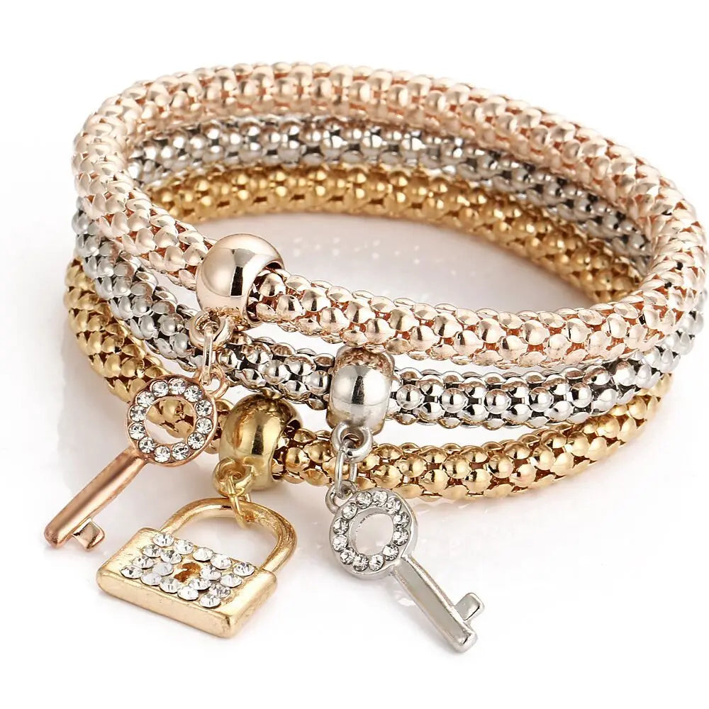 3Pcs Fashion Heart Bracelet Set For Women Crystal Owl Lock Key Music Sign Butterfly Elephant Charm Bangle Party Jewelry Gift