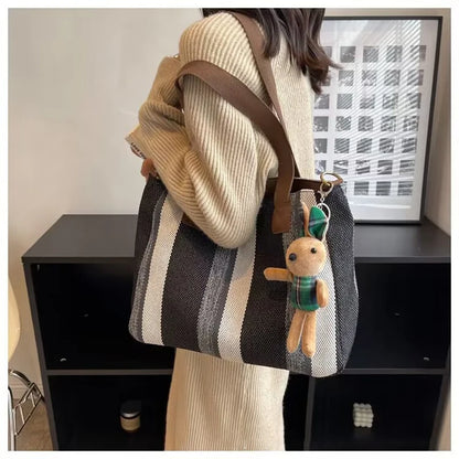 Tote Bag for Women Large Capacity Canvas Striped Shoulder Bag with Cute Pendant Commute Handbag Casual Versatile Crossbody Bag