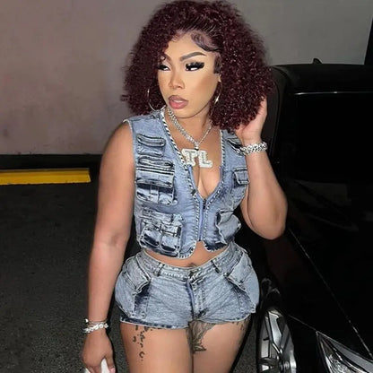 Multi Pockets Jeans Shorts Outfit Set Sexy Women Elegant Two Pieces Denim Club Matching Set Top+Shorts
