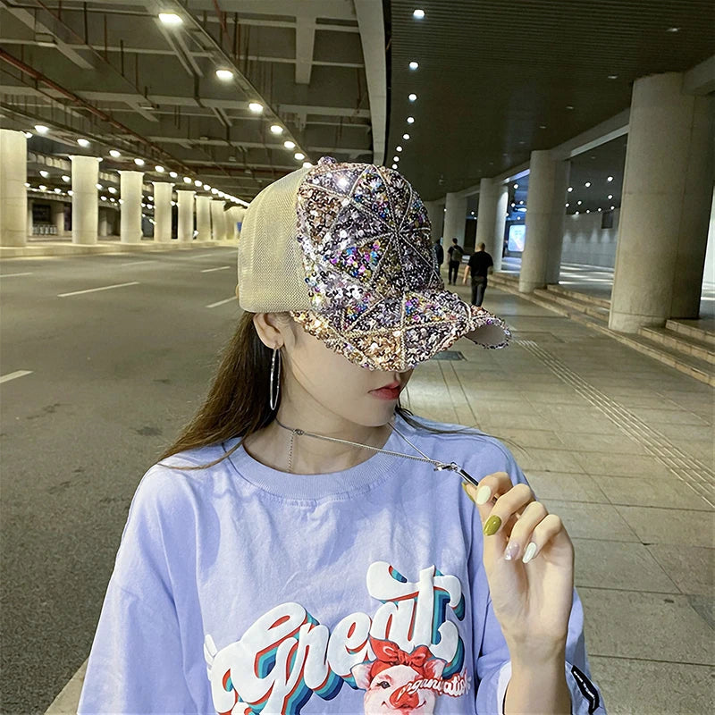 Summer Shiny Sequin Back Mesh Adjustable Cotton Baseball Cap Sun Hat