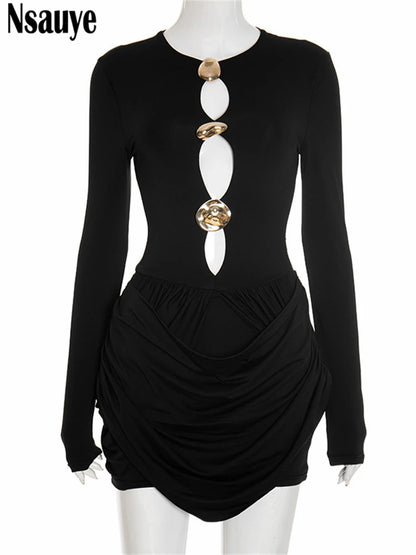 Nsauye Autumn Winter Women 2025 Sexy Night Club Mini Wrap Hollow Out Party Dress Fashion Elegant Evening Short Dress Long Sleeve