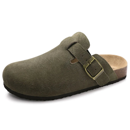 Crestar Women's Suede Clogs Lady Fashion Buckle Leather Mules Comfort Cork Footbed Potato Shoes with Arch Support Beach Sandal