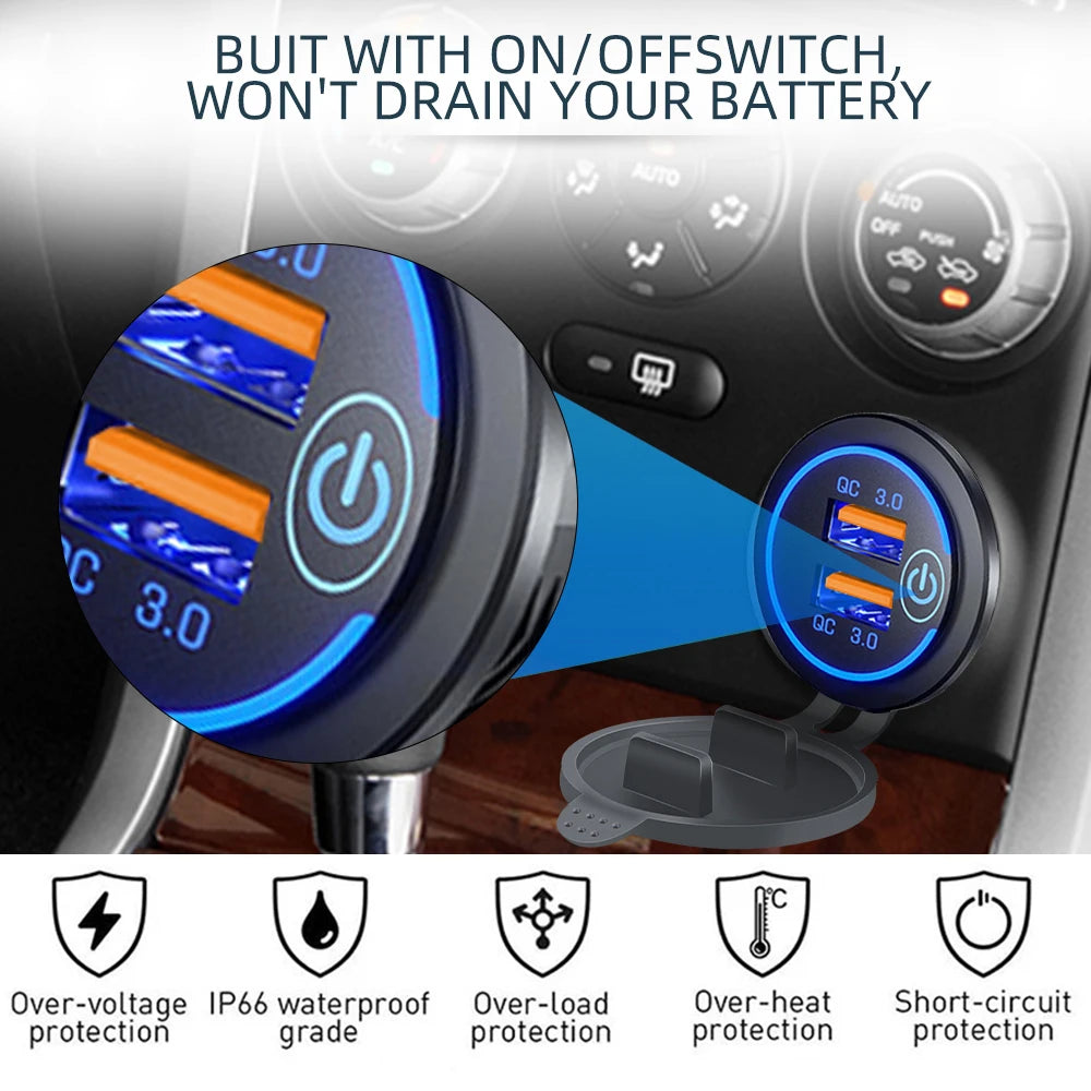 60W 2-port USB Fast Charging Socket Power Outlet Car Modified Charger QC3.0 With Touch Switch for Auto Motorcycle Accessories