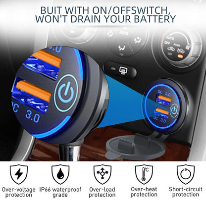 60W 2-port USB Fast Charging Socket Power Outlet Car Modified Charger QC3.0 With Touch Switch for Auto Motorcycle Accessories