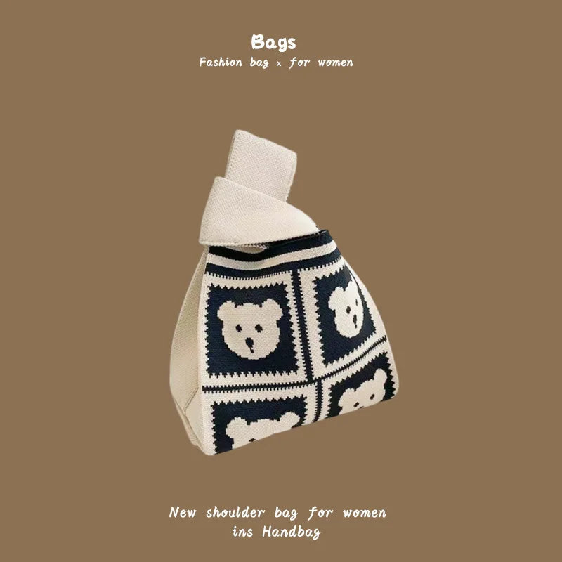 Women Handmade Knitted Small Handbag, Casual Wrist Bag, Student Reusable Shopper Mini Tote Bag, Suitable for Daily Use Outdoor