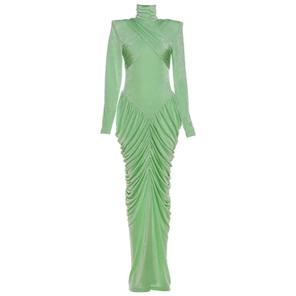 Weird Puss Autumn New Style Maxi Dress Women Turtleneck Full Sleeve Backless Skinny Stretch  Prom Party Ruched Elegant Vestidos