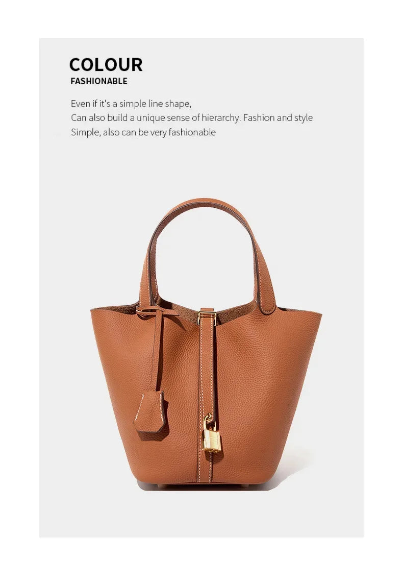 Genuine Leather Shoulder Bucket Bag Women Litchi Pattern Mini Basket Tote Soft Handbag Mommy Bride Wedding Bags with Lock
