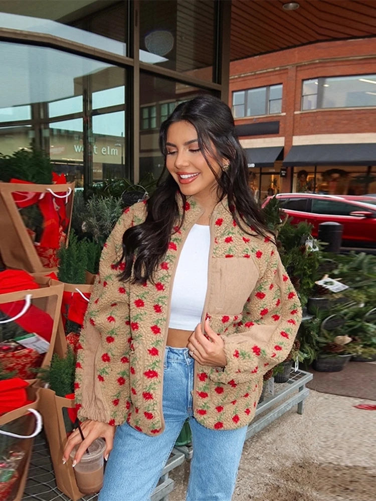Fashion Lambswool Women's Coats Patchwork Long Sleeve Zipper Pocket Female Parka Jacket 2025 Autumn New Arrival Lady Outerwear