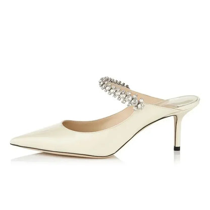2025 New Fashionable Fine Heeled Muller Shoes with Pointed Water Diamond Chain Banquet Shallow Mouth Women's High Heel Sandals