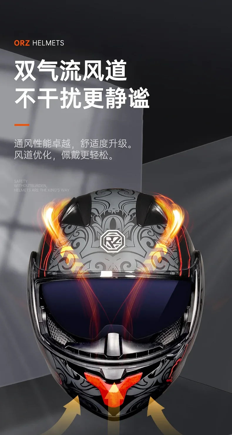 ORZ-103 Motorcycle Dual-Lens Helmet Men Women Bluetooth Full Helmet All Seasons Flip Helmet with Tail Wing DOT Certification