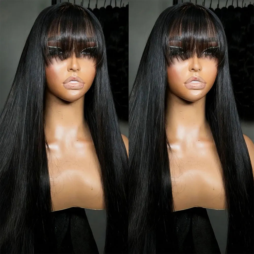 Bone Straight Human Hair Wig With Bangs Fringe Brazilian 3x1 HD Lace Frontal Wigs For Black Women 220% Density 34Inch