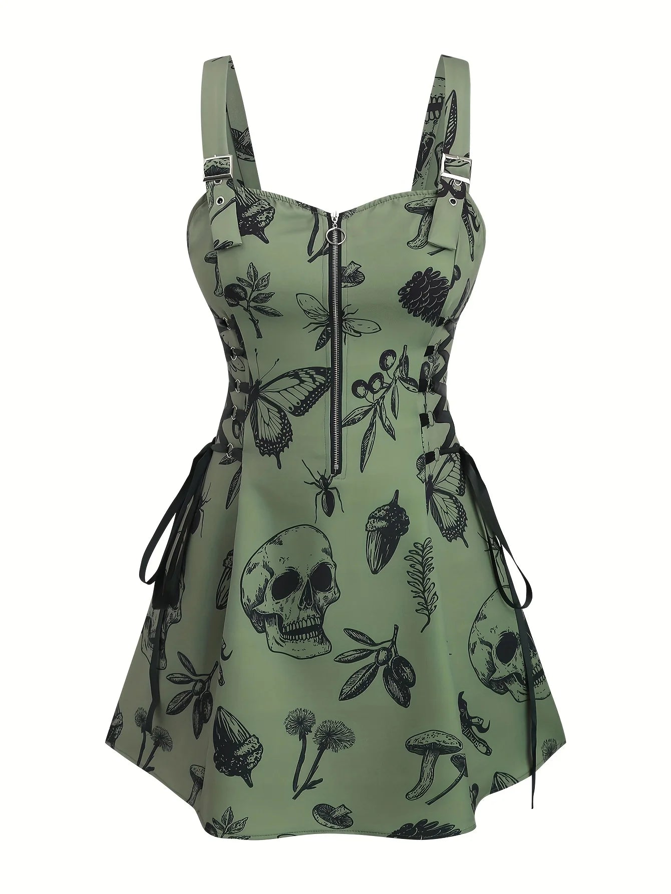 European and American trend oversized ladies slimming shoulder strap zipper full print skull pattern dress