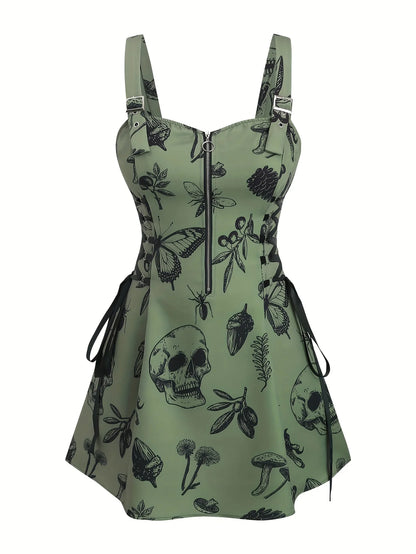 European and American trend oversized ladies slimming shoulder strap zipper full print skull pattern dress