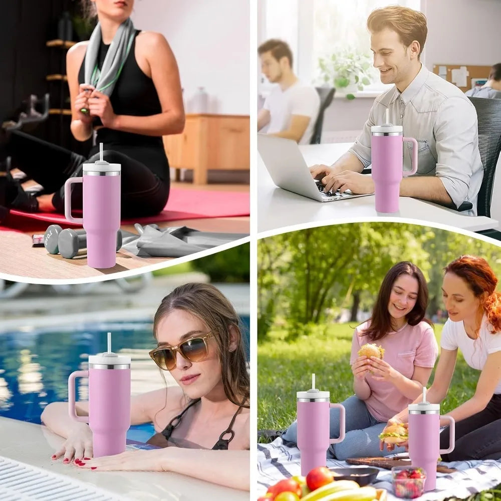 40 Oz Insulated Mug with Handle Straw and Lid. Stainless Steel Portable Drinking Mug, BPA free Keeps Water Hot or Cold Longer
