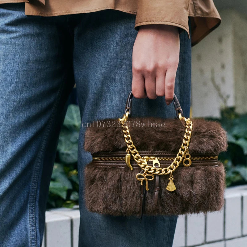 Faux Fur Mini Box Bags Luxury Designer Handbag for Women Trendy Ladies Fashion Casual Chain Elegant Shoulder Bags Crossbody Bag