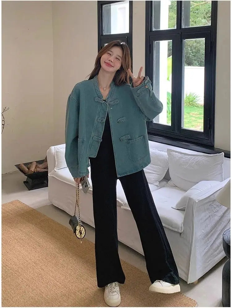 Women Clothing Autumn Fashion Simplicity All-match Temperament Button Solid Color O-neck Female Chinese Style Denim Jacket Tops