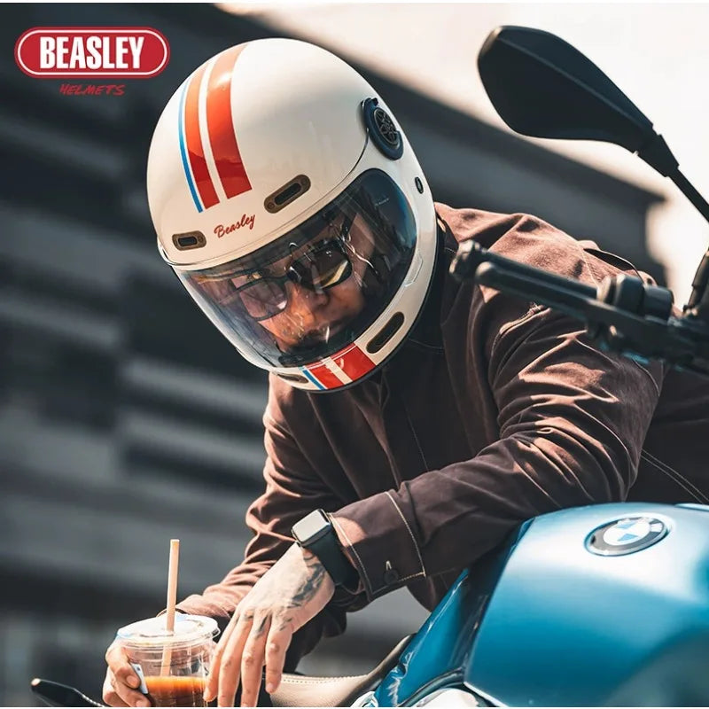 BEASLEY Retro Helmet Men's Women's Cruise Motorcycle Fiberglass Full Helmet Carbon Fiber Motorcycle Helmet DOT Certification