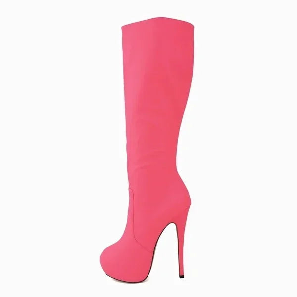 New Large Size Women Boots Autumn Winter Sexy 14cm Super High Heels Long Over Knee Long Boots Leather Round Toe Red Pumps Shoes