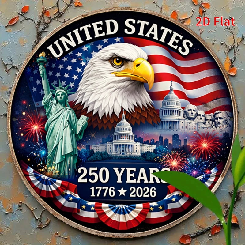 2D Flat - 1pc 19.99x19.99cm Round Aluminum Sign | USA 250 Years Anniversary Metal Art Sign, Patriotic Home Decor, 1776-2026 Amer