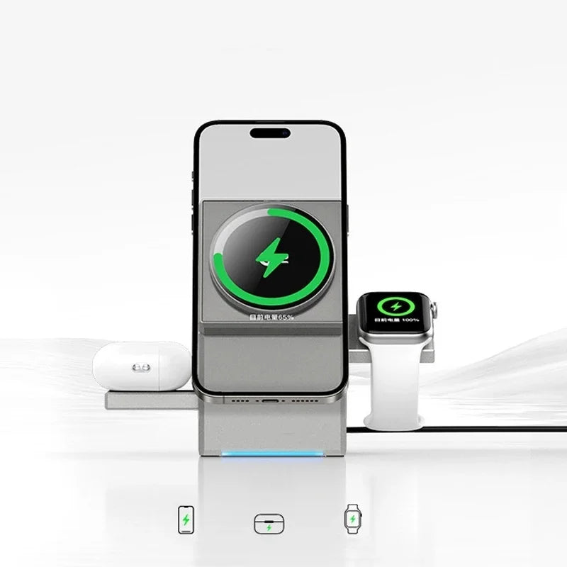 New 15W Qi2 3 In 1 Touch Autorotation Magnetic Wireless Charger For Android iPhone iWatch Magsafe Fast Charging Dock Station