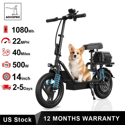 AOVOPRO 14inch Electric Bicycle with Box 27/40Miles Max Range 22MPH Top Speed with Dual Suspension Foldable Adult Ebike