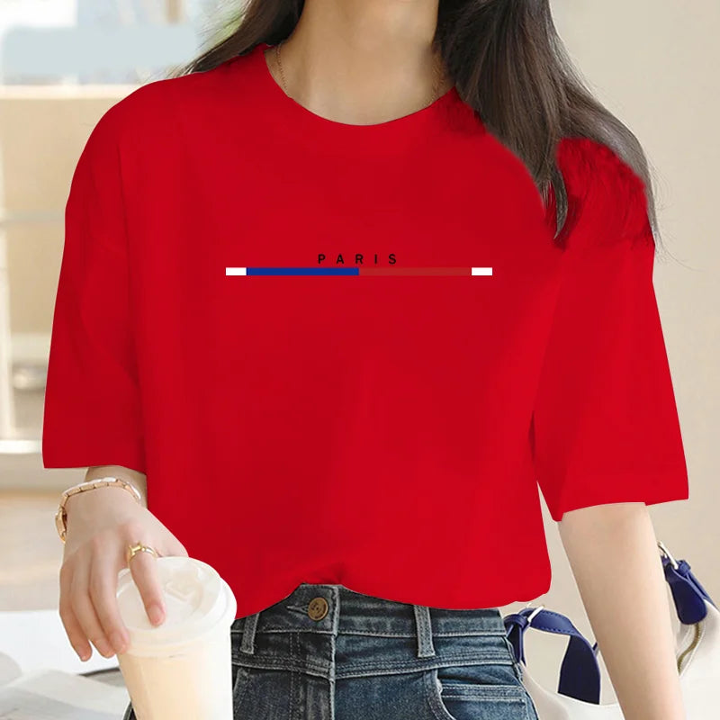 Women's T-shirt 100% cotton color Paris fashion print T-shirt Short sleeve summer street Y2K top loose plus size shirt
