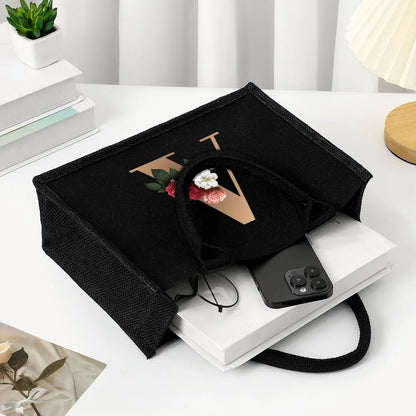 Black hand-held canvas bag, 26 letter printed women's handbag, large capacity portable leisure beach bag, indoor waterproof
