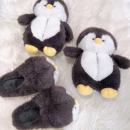 Cute Cartoon Penguin Cotton Slippers Package with Plush Thick Bottom Non-slip Soft Bottom Home Shoes Winter Ladies Indoor Warmth