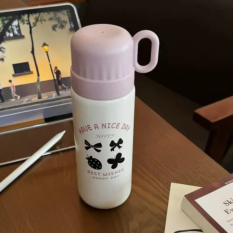 500ml Cartoon Stainless Steel Portable Thermos Cup,Cute Student Water Cup,Outdoor One Cover Dual-use Cup Vacuum Insulated Bottle