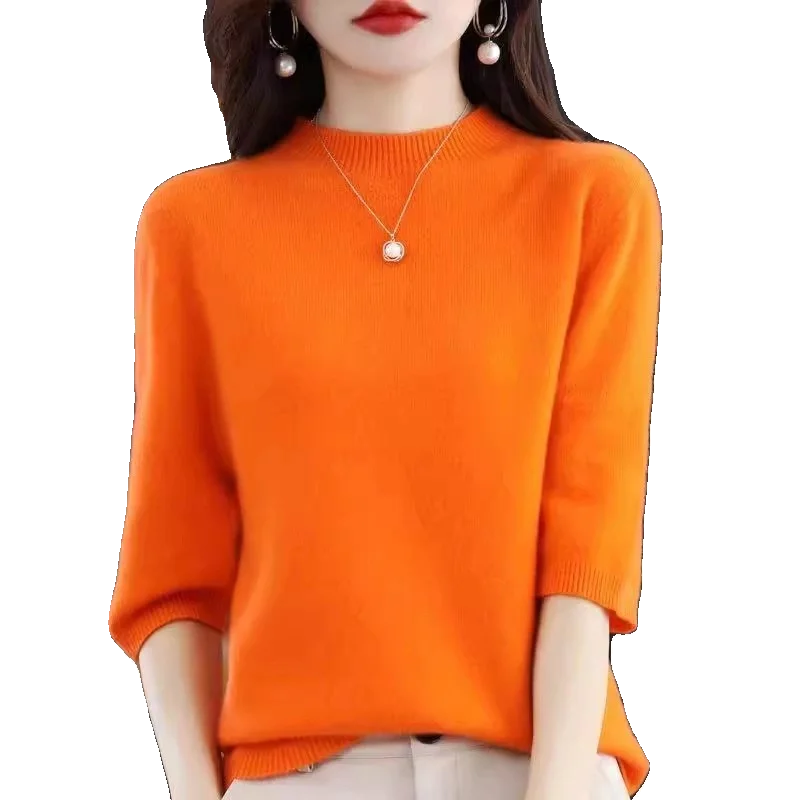2026 New Soft Short Sleeve Women's Half High Neck Overhead Wool Blend Simple Loose Thin Seven Sleeve Woolen Sweater