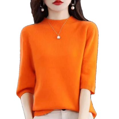 2026 New Soft Short Sleeve Women's Half High Neck Overhead Wool Blend Simple Loose Thin Seven Sleeve Woolen Sweater