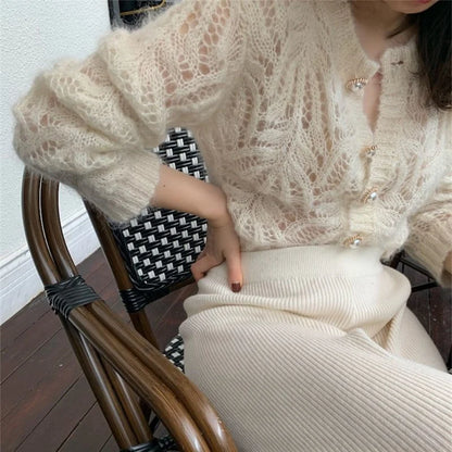 2025 French Style Mohair Cardigan Sweater Women Autumn Sexy Hollow Out Short Knitted Coats Mujer Y2K Chic Design Streetwear Tops