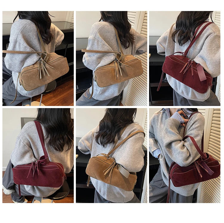 Retro Red Suede Wedding Shoulder Bag Luxury Designer Women Versatile Underarm Bags Elegant Female Large Capacity Handbags