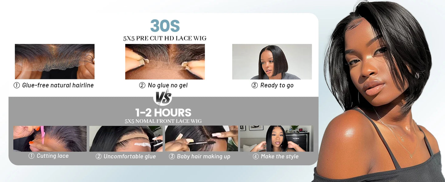200Density Straight Short Bob 5x5 HD Lace Front Human Hair Wigs 4x4 Lace Closure Wig Brazilian Black Wig For Women Cheap On Sale