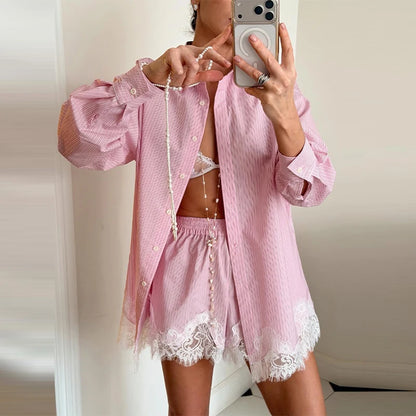 Beach Shirts Shorts Outfits Women Lapel Single Breasted Long Sleeves Lace Patchwork Sets Female 2026 Spring Summer Holiday Sets