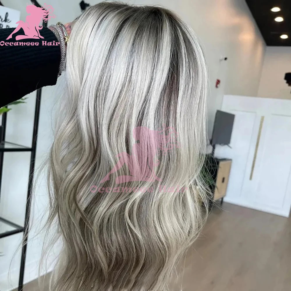 Ash Blonde Human Hair Wig Dark Roots Transparent Lace Frontal Human Hair Wigs 13x4 Lace Front Wigs with Baby Hair Pre Plucked Na