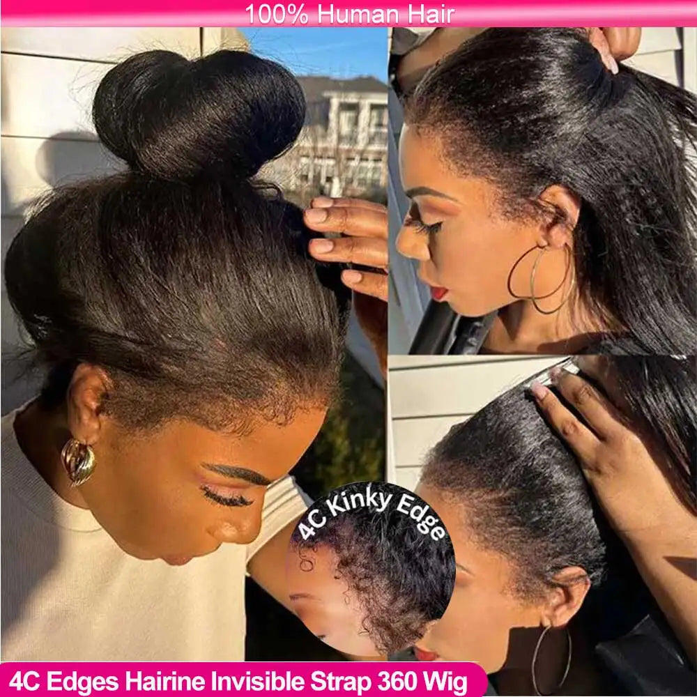 360 Full HD Lace Frontal Wig Human Hair 4C Edges Invisible Strap Glueless Kinky Straight Wig With Kinky Curly Baby Hair