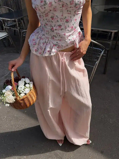 Pink Printed Women's Dress Fashion Wide Shoulder Straps And Pleated Hem Cinched Waist Vestido 2026 Lady Party Vacation Gowns