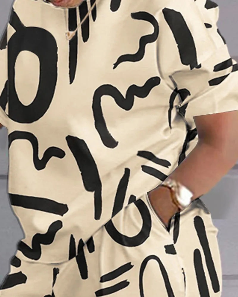 Ladies Casual Summer Two Piece Sets Printed Shorts Sets Women Round Neck Short Sleeve T Shirts Pullover High Waist Trousers Suit