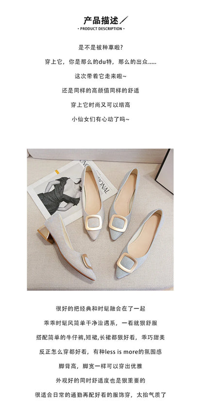 Womens Light Blue Glitter Pointed Toe Block Heel Pumps With Gold Square Buckle Detail Metallic Heel Elegant Dress Shoes Ladies